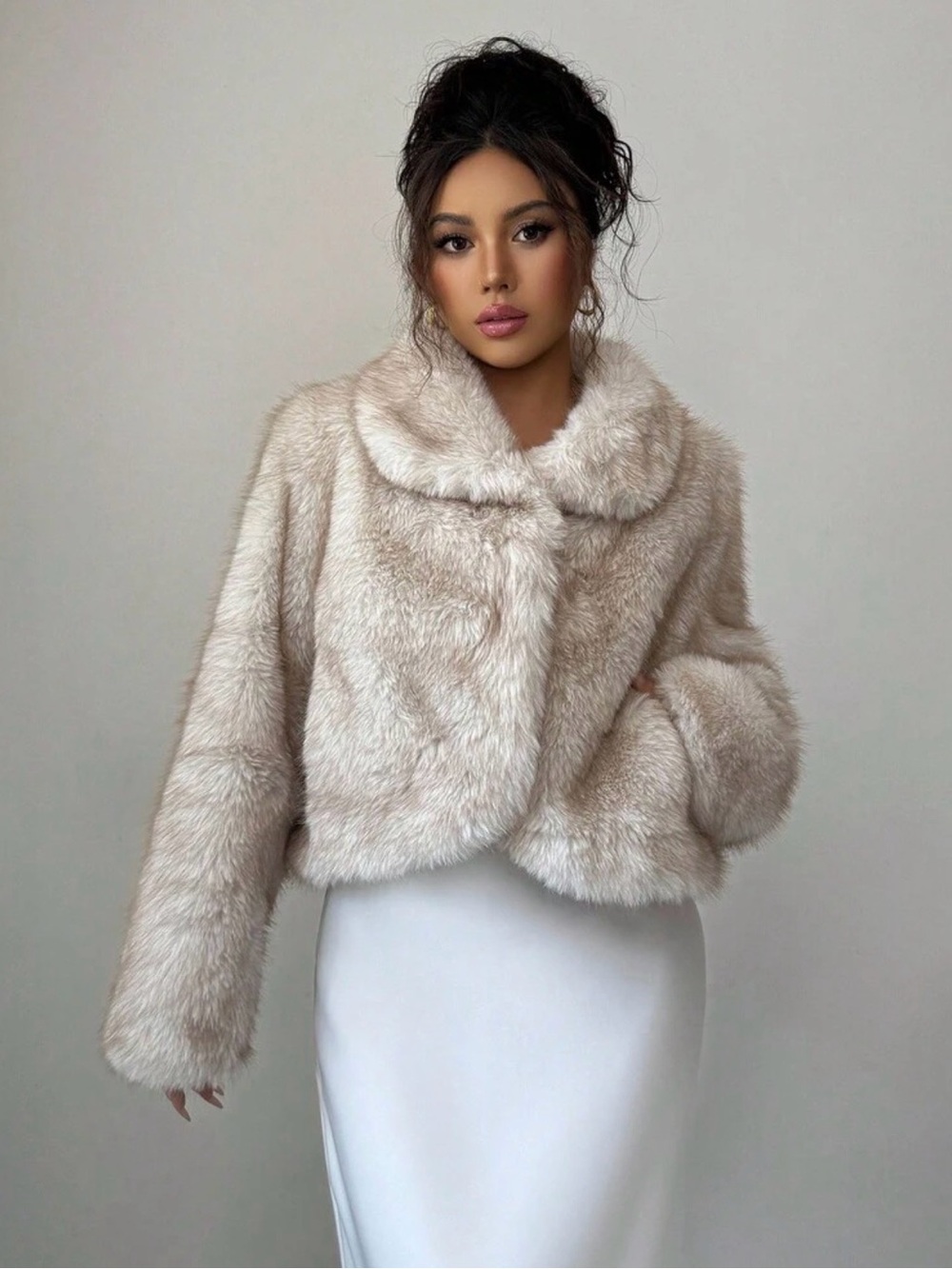 Lux Faux Fur Cropped Jacket in Light Taupe - Picture 3 of 6